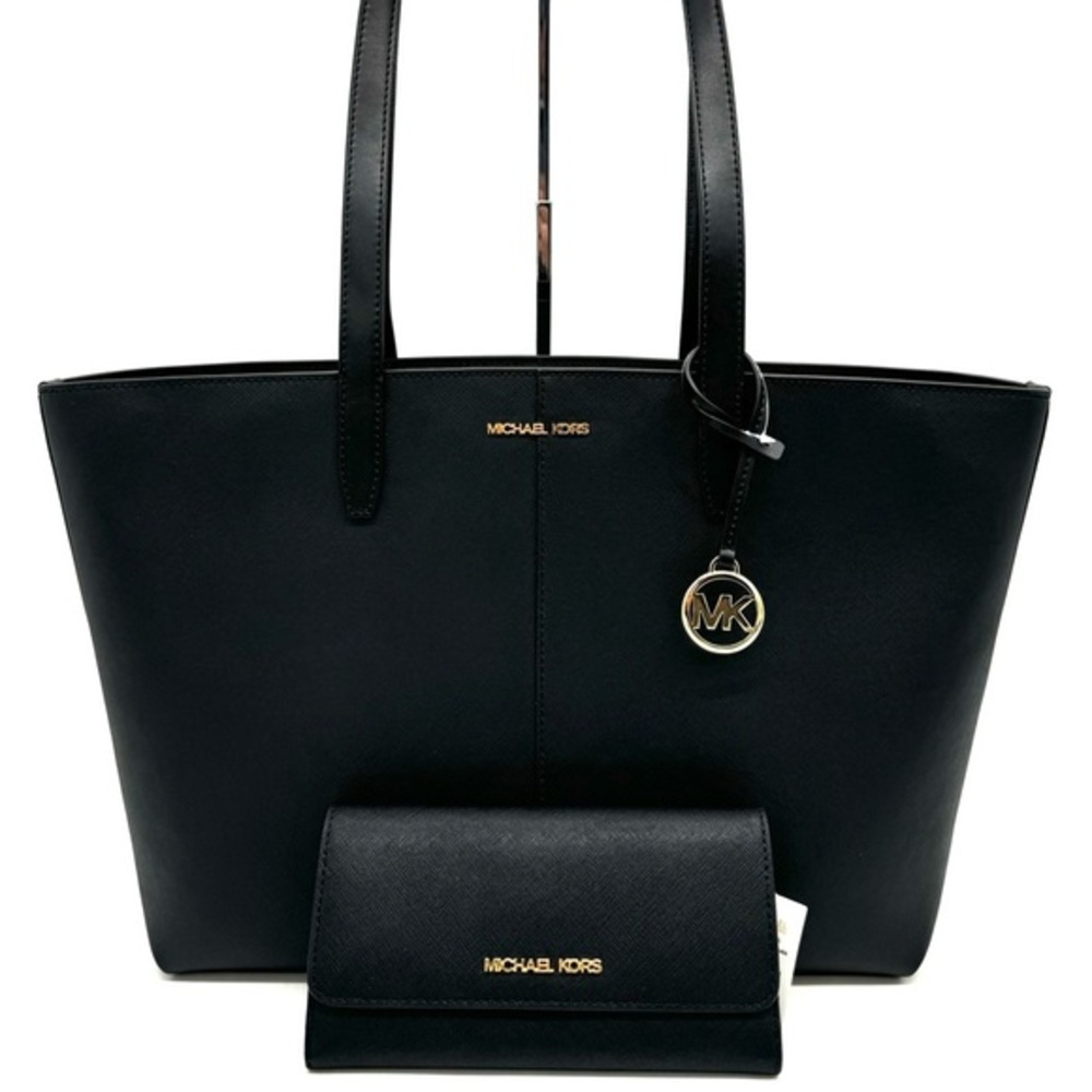 Michael Kors Medium Jet Set Travel Zip Tote Bag & Trifold Wallet Black/Gold